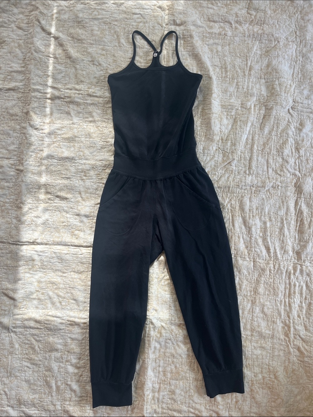 Ripple Yoga Wear Black Sleeveless Racerback Jumpsuit with Elastic Waist